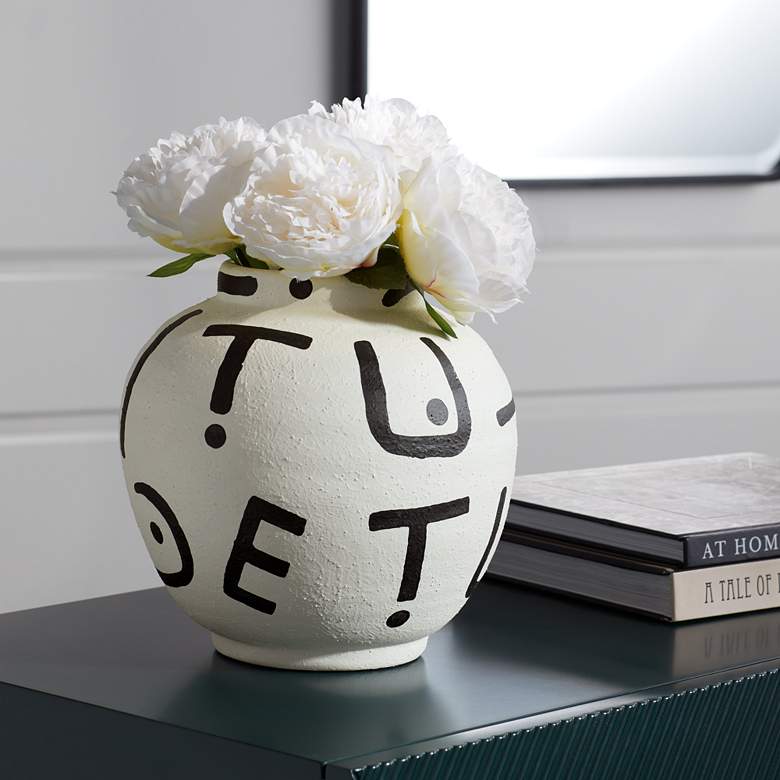 Image 1 Alpha Matte Black White 9 inch High Letter Ceramic Vase