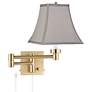 1_Alta Warm Gold Plug-In Swing Arm Wall Lamp w/ Pewter Gray Square Shade
