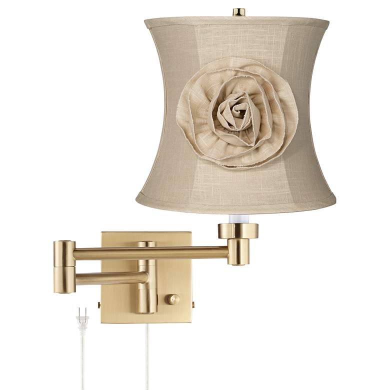 Image 1 Alta Warm Gold Plug-In Swing Arm Wall Lamp with Almond Flower Shade