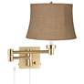 1_Alta Warm Gold Plug-In Swing Arm Wall Lamp with Burlap Drum Shade
