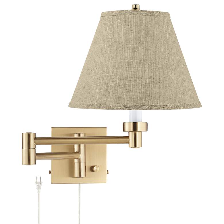 Image 1 Alta Warm Gold Plug-In Swing Arm Wall Lamp with Burlap Empire Shade