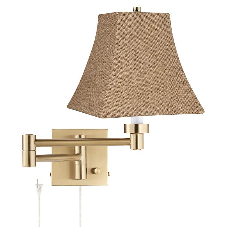 Image 1 Alta Warm Gold Plug-In Swing Arm Wall Lamp with Burlap Square Shade