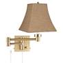 1_Alta Warm Gold Plug-In Swing Arm Wall Lamp with Burlap Square Shade