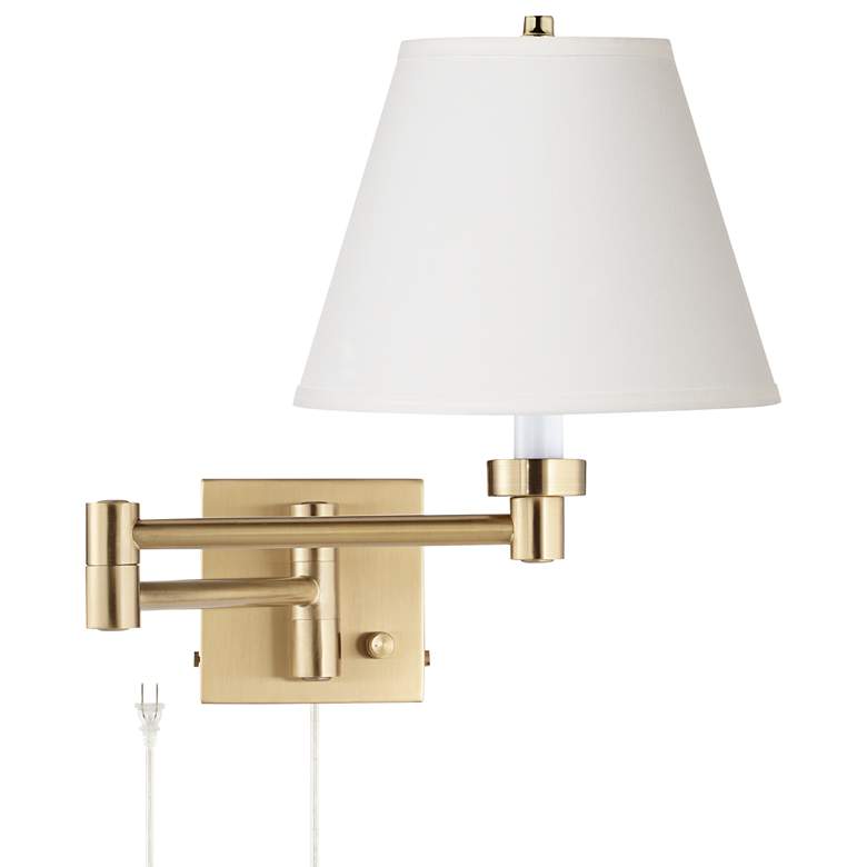 Image 1 Alta Warm Gold Plug-In Swing Arm Wall Lamp with Off-White Shade