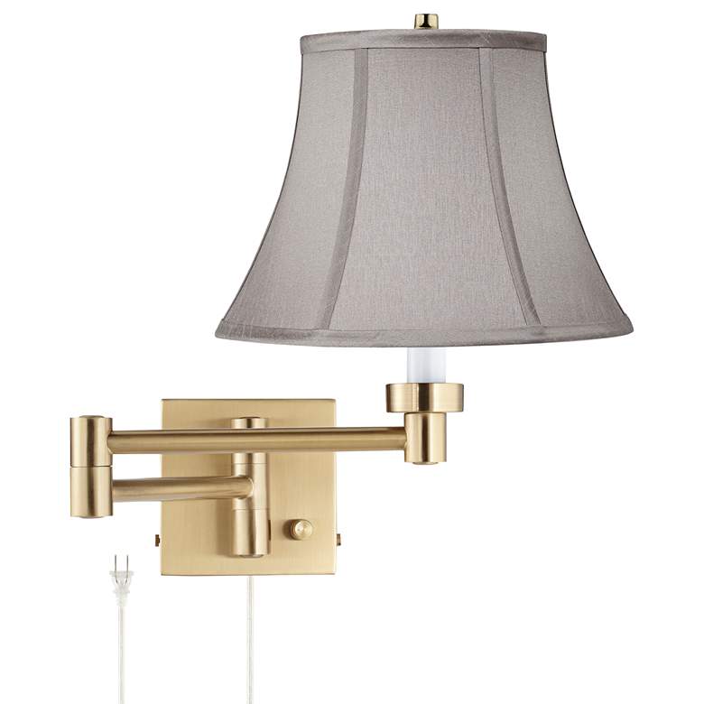 Image 1 Alta Warm Gold Plug-In Swing Arm Wall Lamp with Pewter Gray Bell Shade