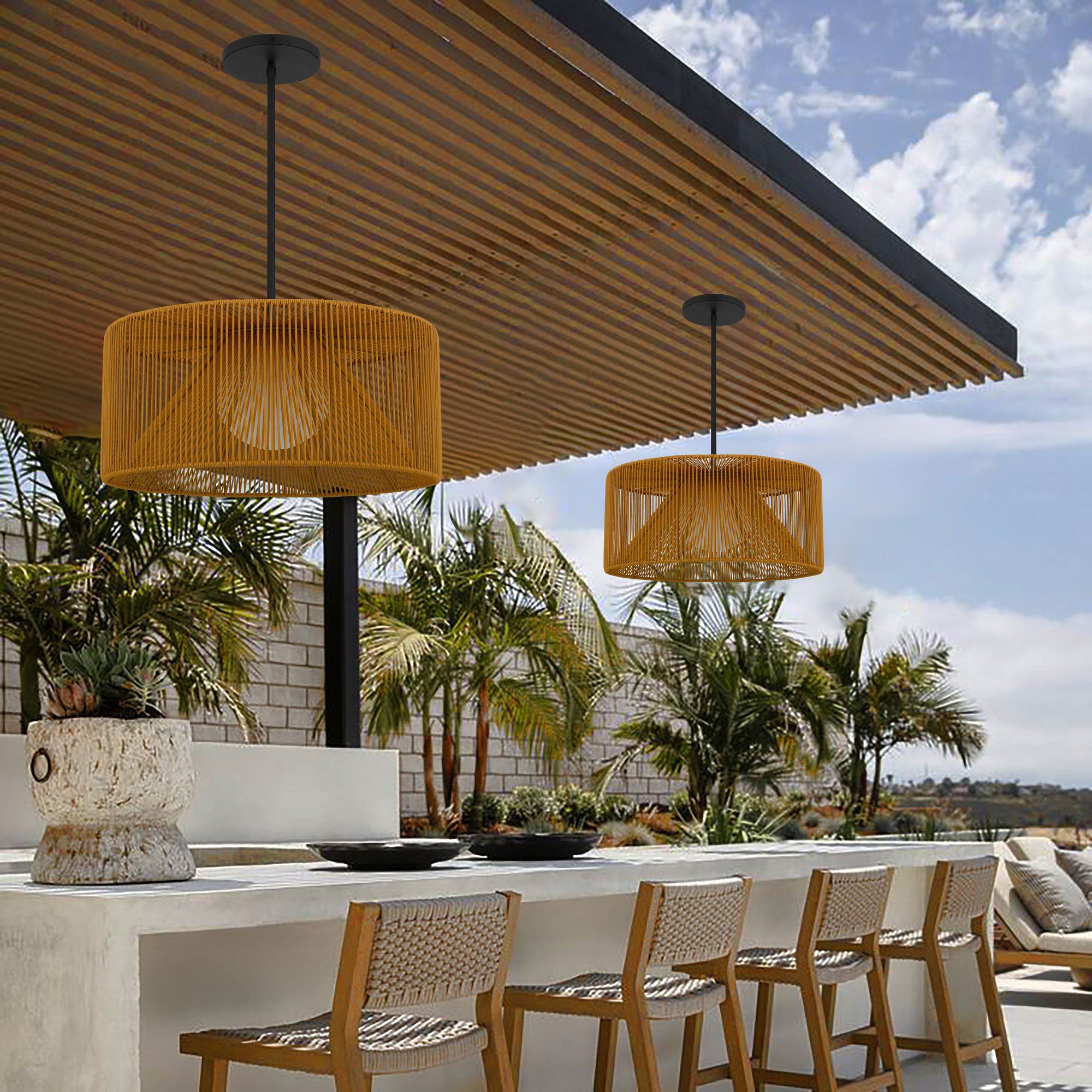 Alteck Key West 22" Wide Sand Black/Rattan LED Outdoor Hanging Light