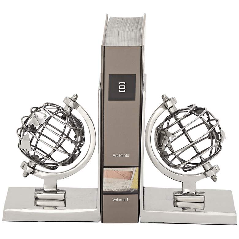 Image 1 Aluminum Globe Silver Stainless Steel Bookends