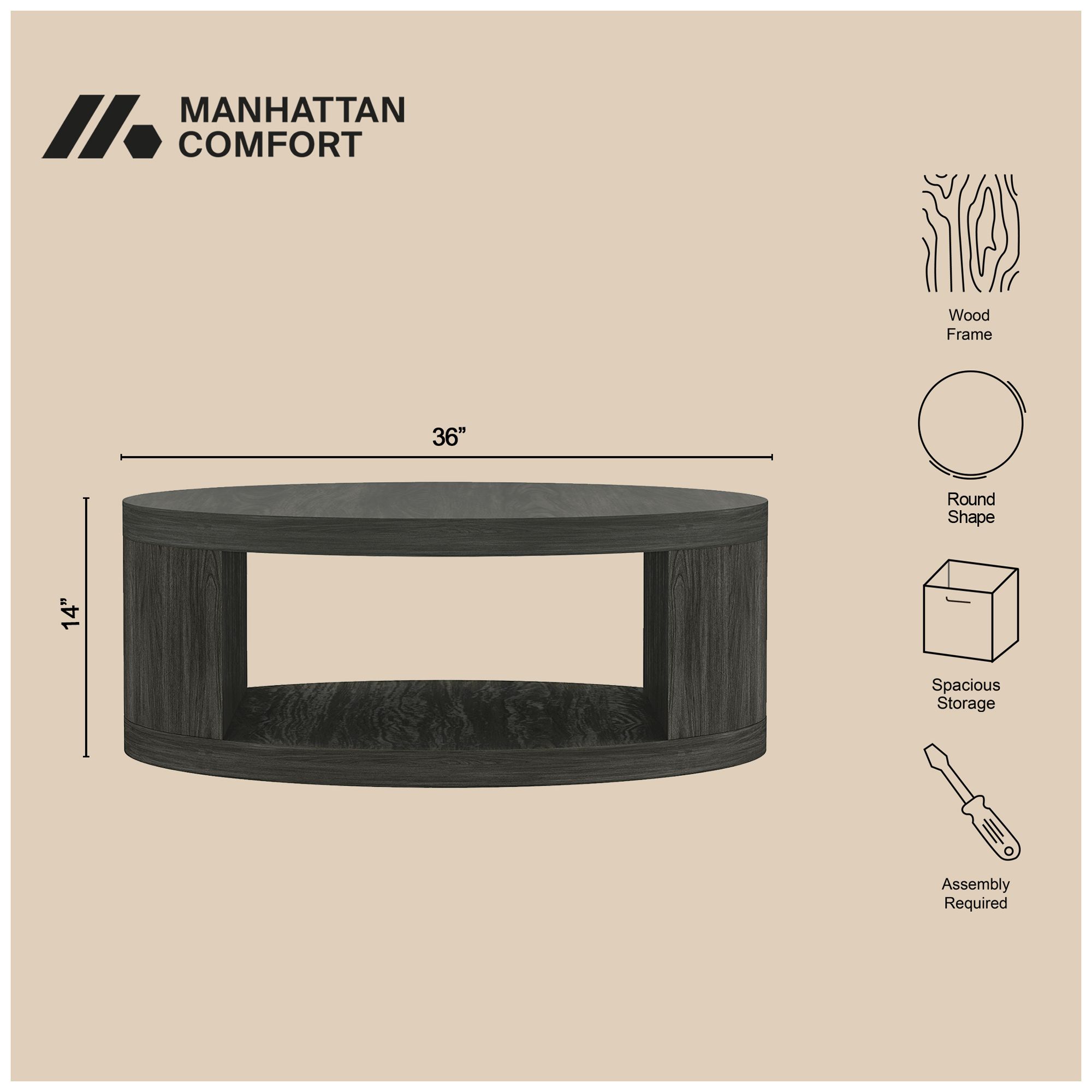 Image 5 Alure Contemporary 36" Round Coffee Table in Charcoal more views