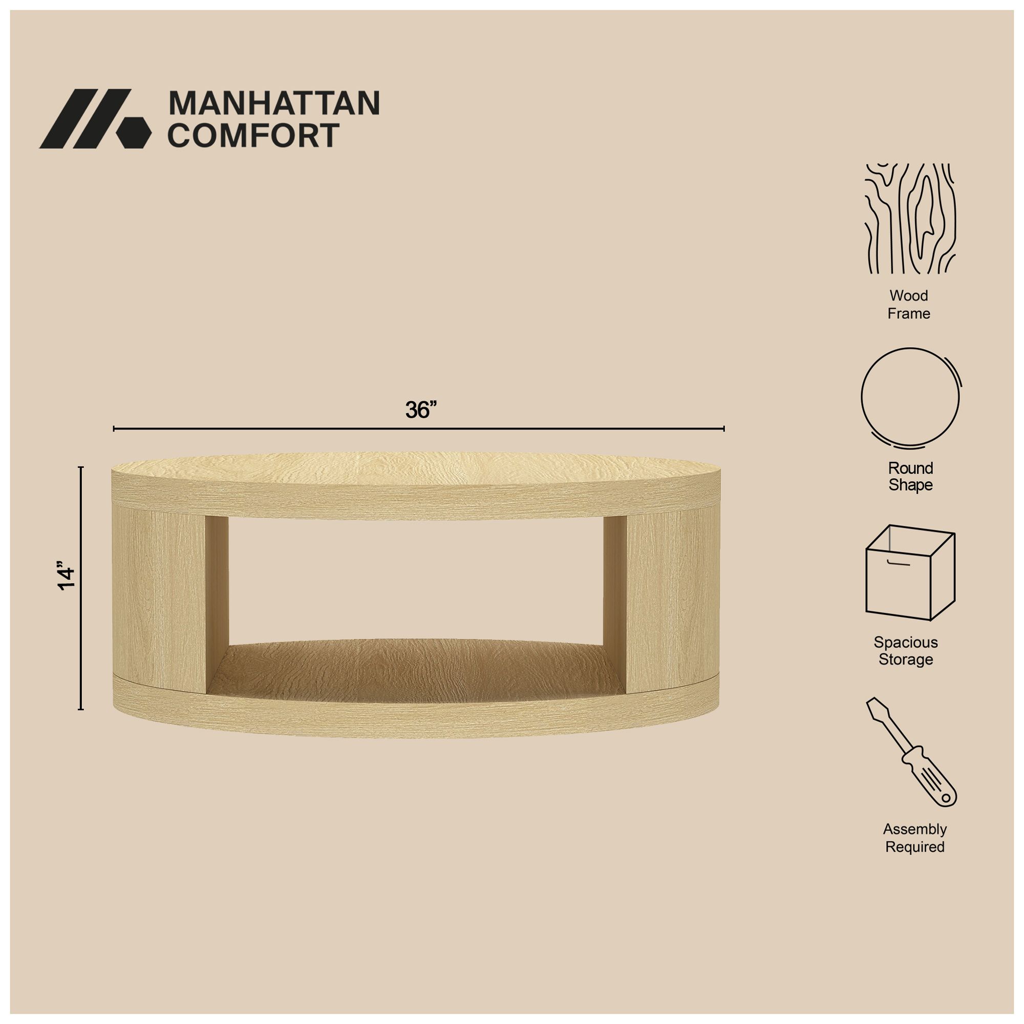 Image 5 Alure Contemporary 36" Round Coffee Table in Natural Oak more views