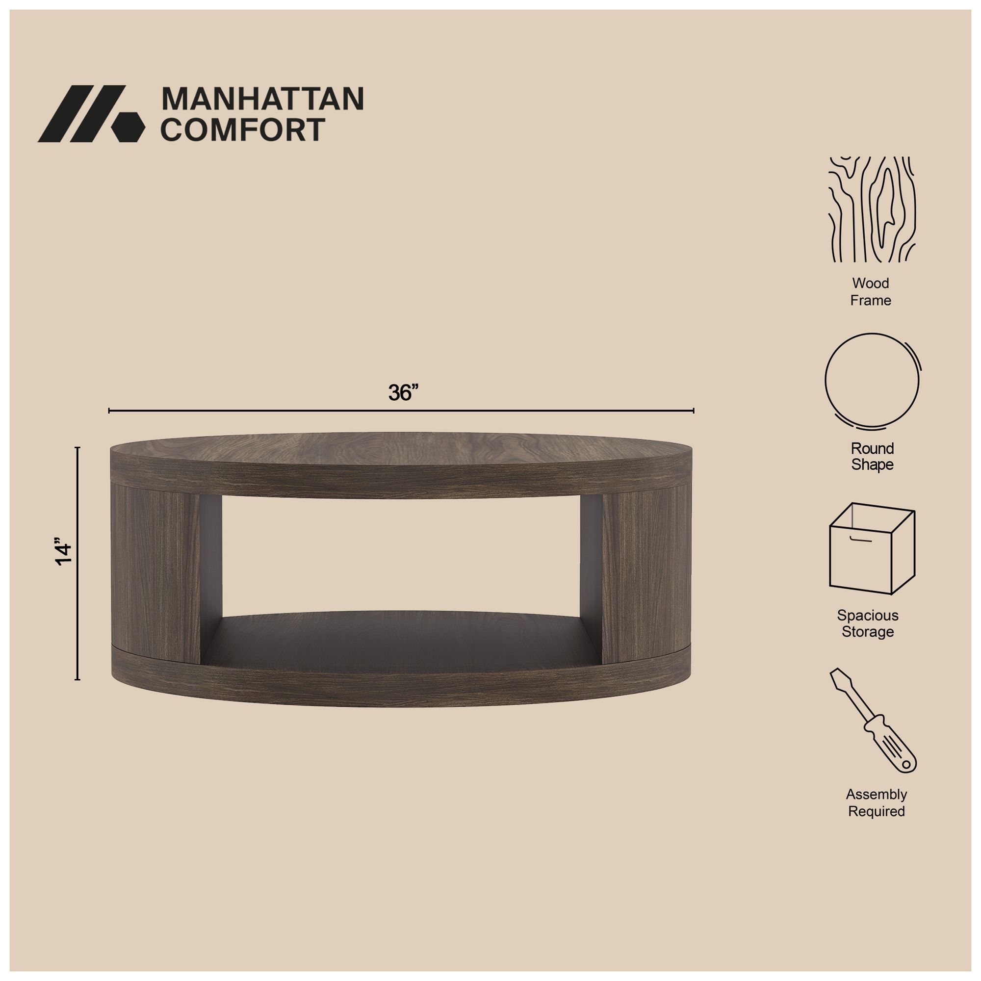 Image 5 Alure Contemporary 36" Round Coffee Table in Walnut more views