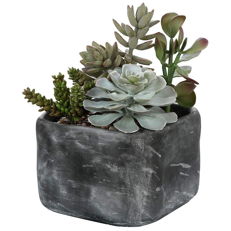 Image 2 Alverio Green Succulent 12 inchW Faux Plant in Concrete Planter