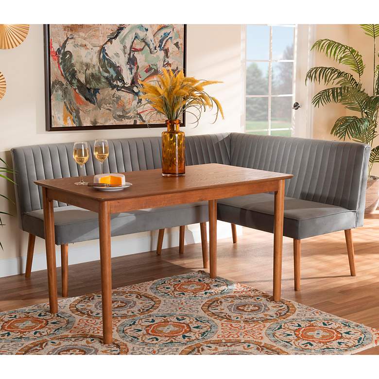 Image 1 Alvis Gray Velvet Fabric Walnut Brown 3-Piece Dining Set