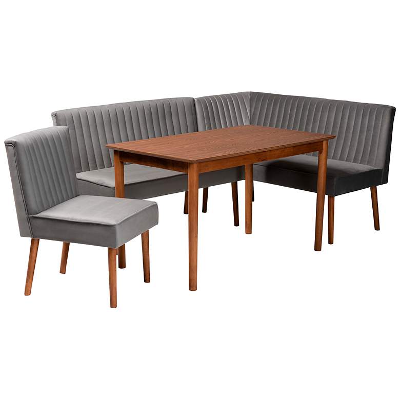 Image 2 Alvis Gray Velvet Fabric Walnut Brown 4-Piece Dining Set