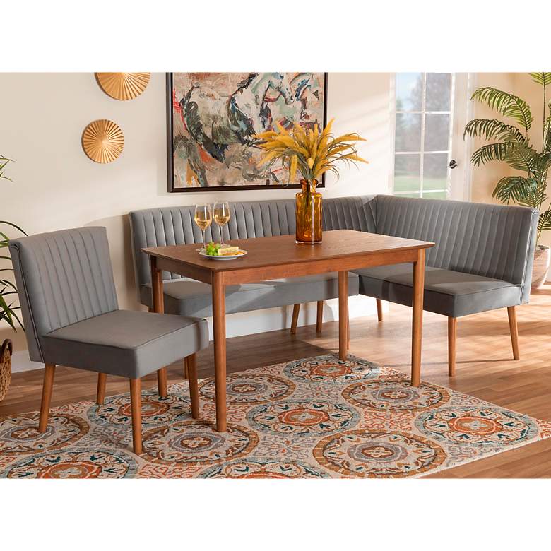 Image 1 Alvis Gray Velvet Fabric Walnut Brown 4-Piece Dining Set