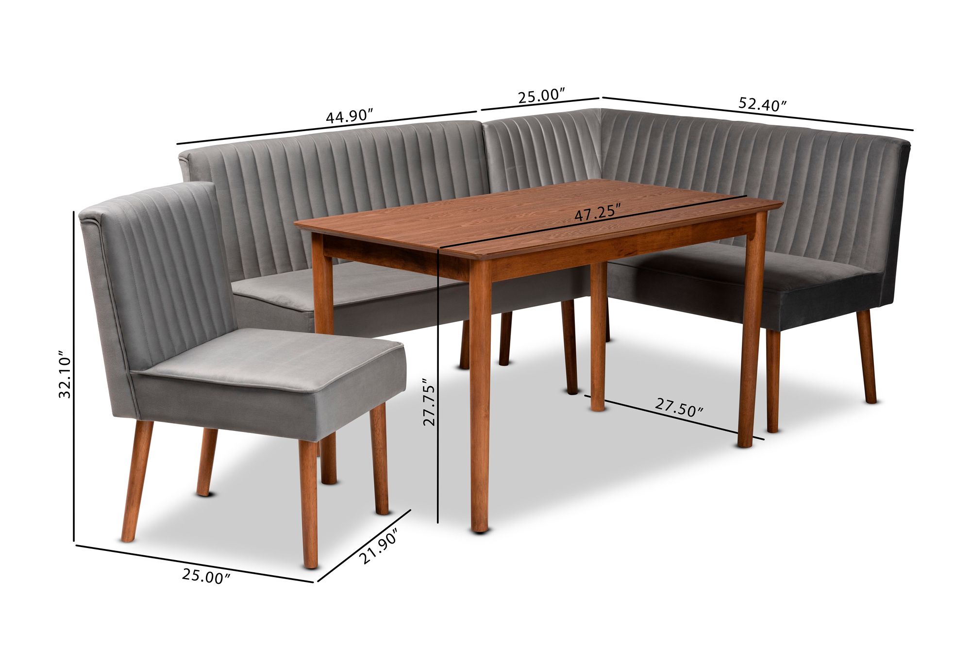 Alvis Gray Velvet Fabric Walnut Brown 4-Piece Dining Set