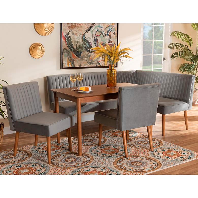 Image 1 Alvis Gray Velvet Fabric Walnut Brown 5-Piece Dining Set