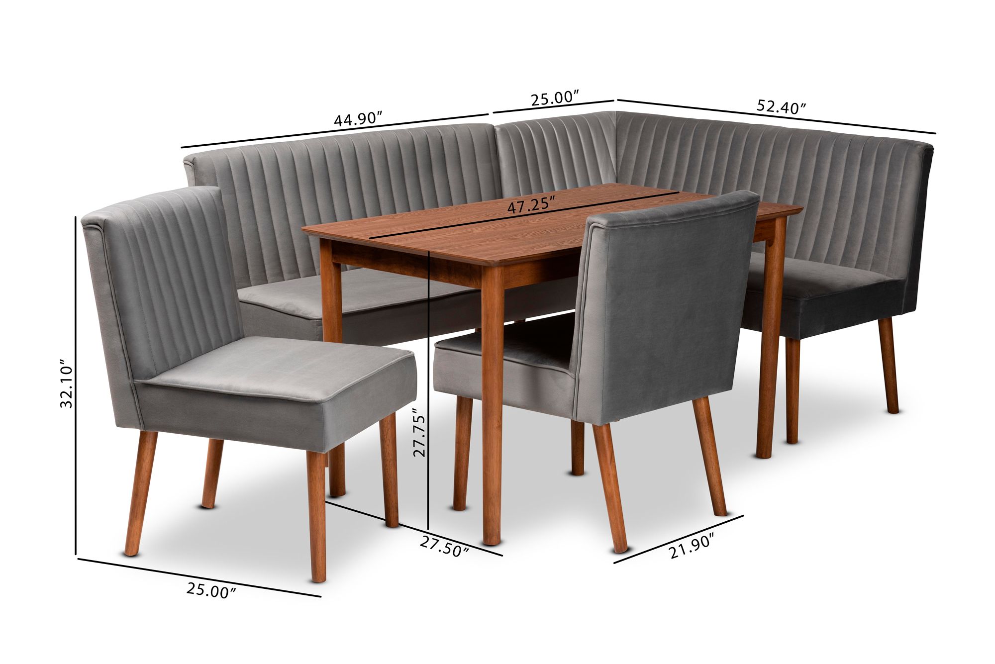 Alvis Gray Velvet Fabric Walnut Brown 5-Piece Dining Set