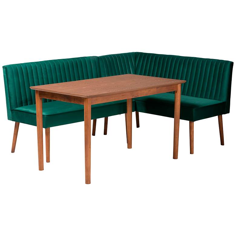 Image 2 Alvis Green Velvet Fabric Walnut Brown 3-Piece Dining Set