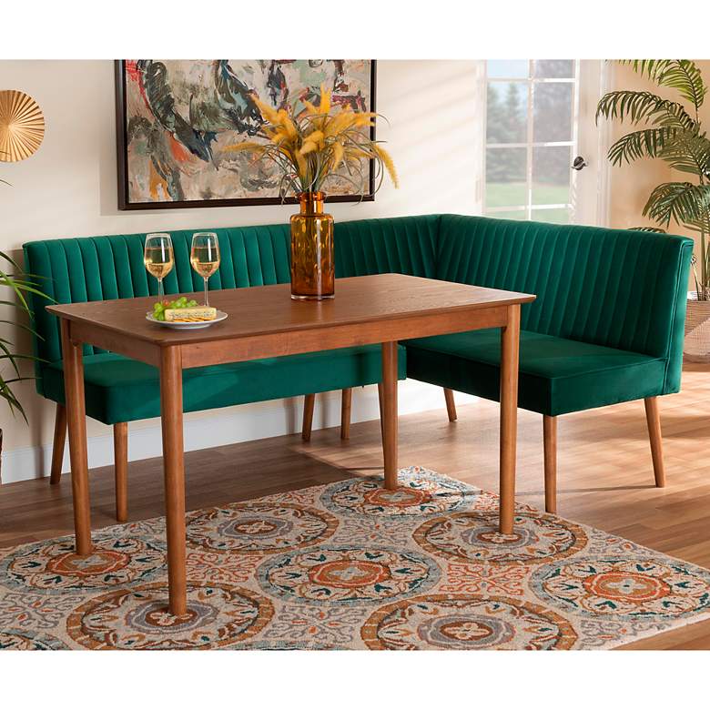 Image 1 Alvis Green Velvet Fabric Walnut Brown 3-Piece Dining Set