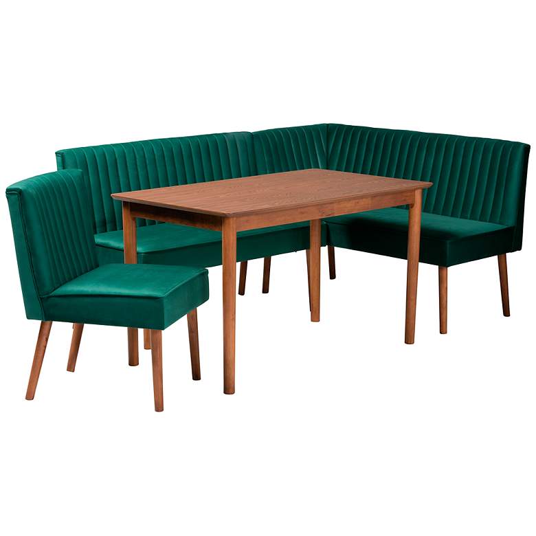 Image 2 Alvis Green Velvet Fabric Walnut Brown 4-Piece Dining Set