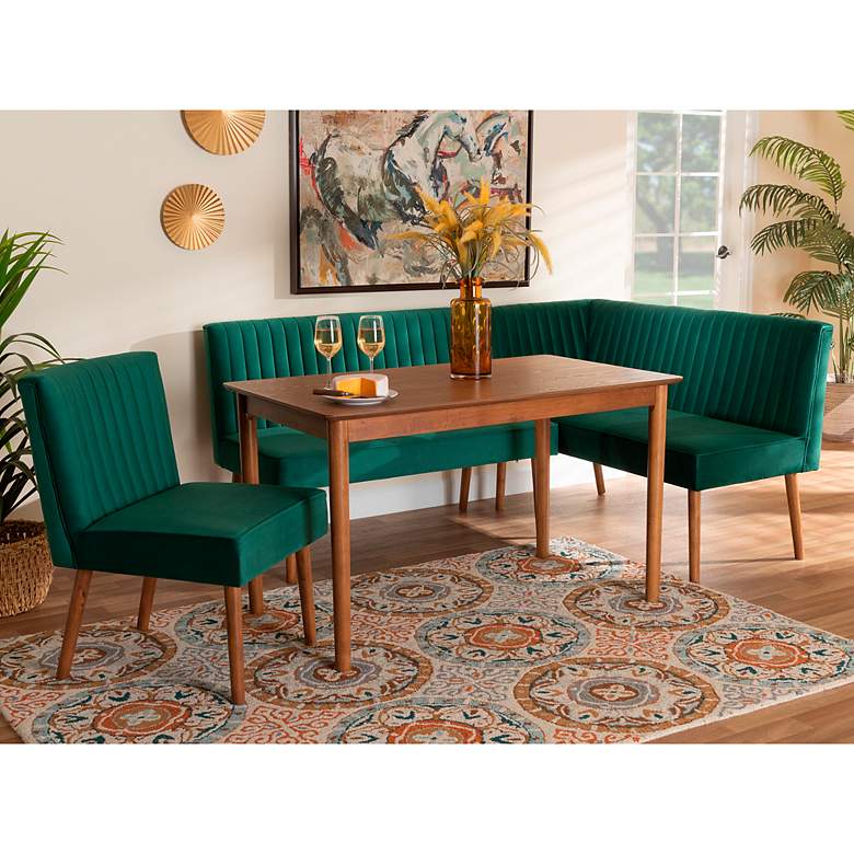 Image 1 Alvis Green Velvet Fabric Walnut Brown 4-Piece Dining Set