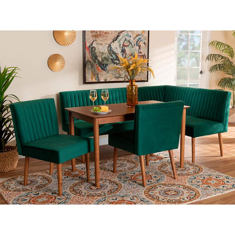 Image 1 Alvis Green Velvet Fabric Walnut Brown 5-Piece Dining Set