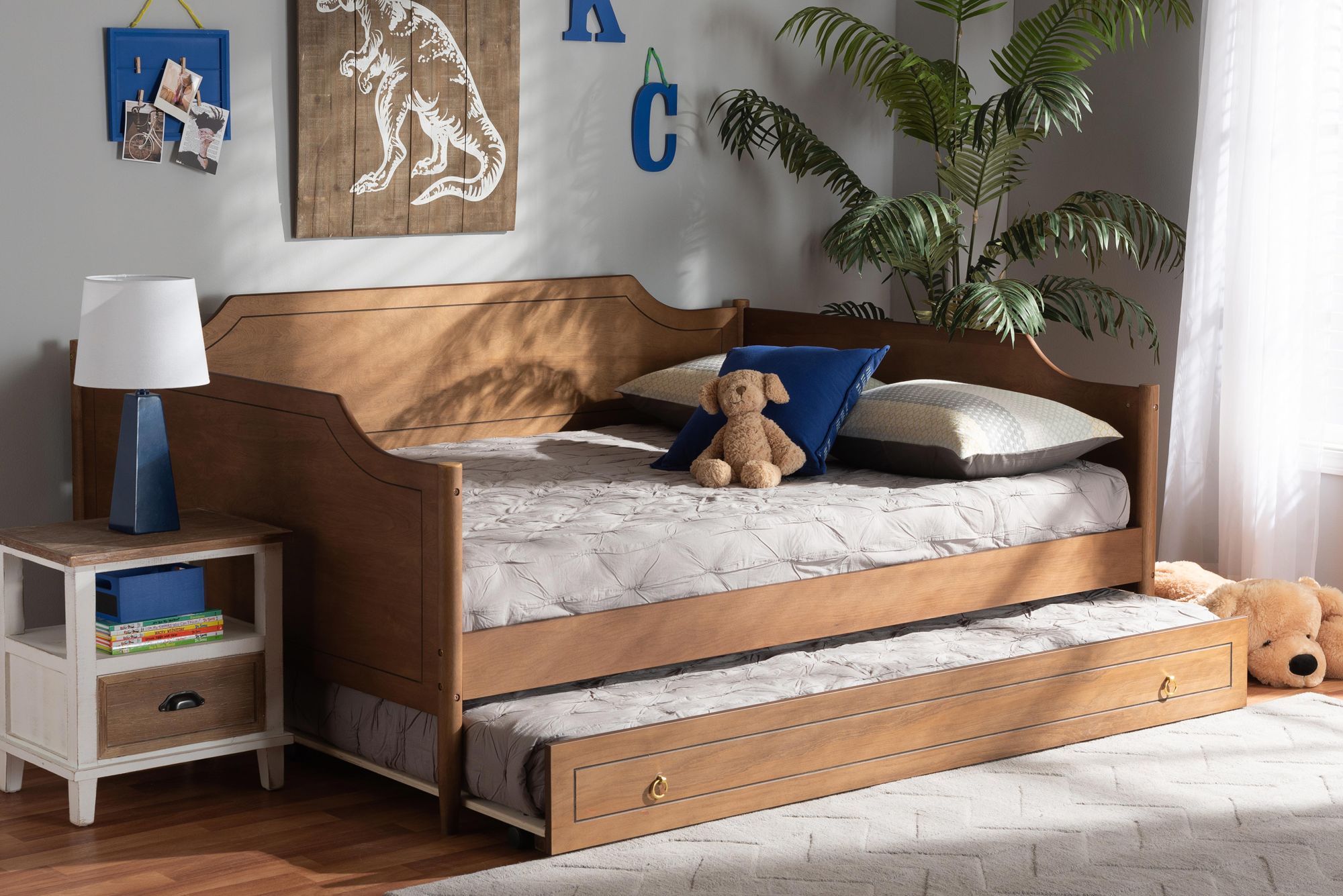 Alya Walnut Brown Wood Full Daybed with Roll-Out Trundle Bed