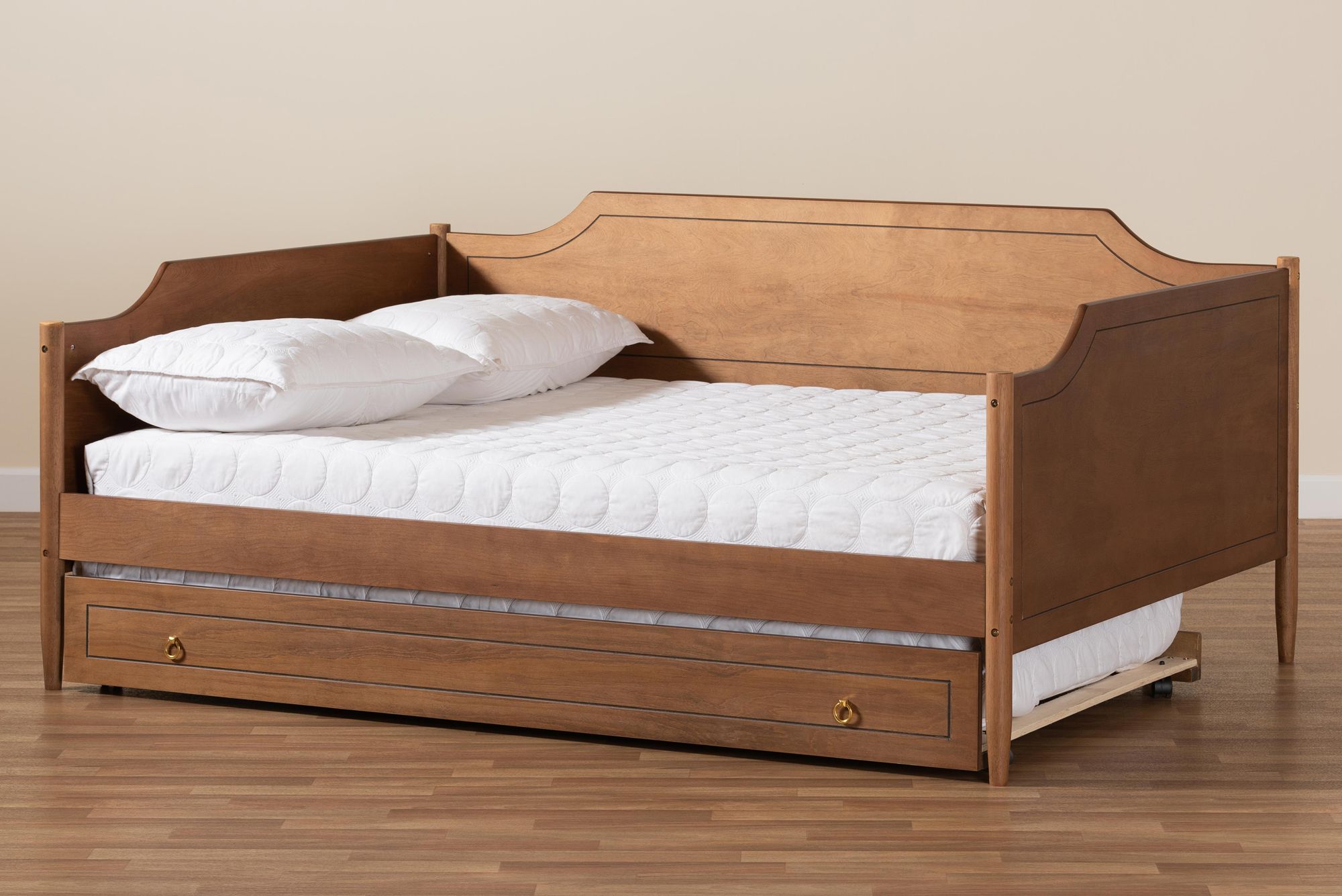Alya Walnut Brown Wood Full Daybed with Roll-Out Trundle Bed