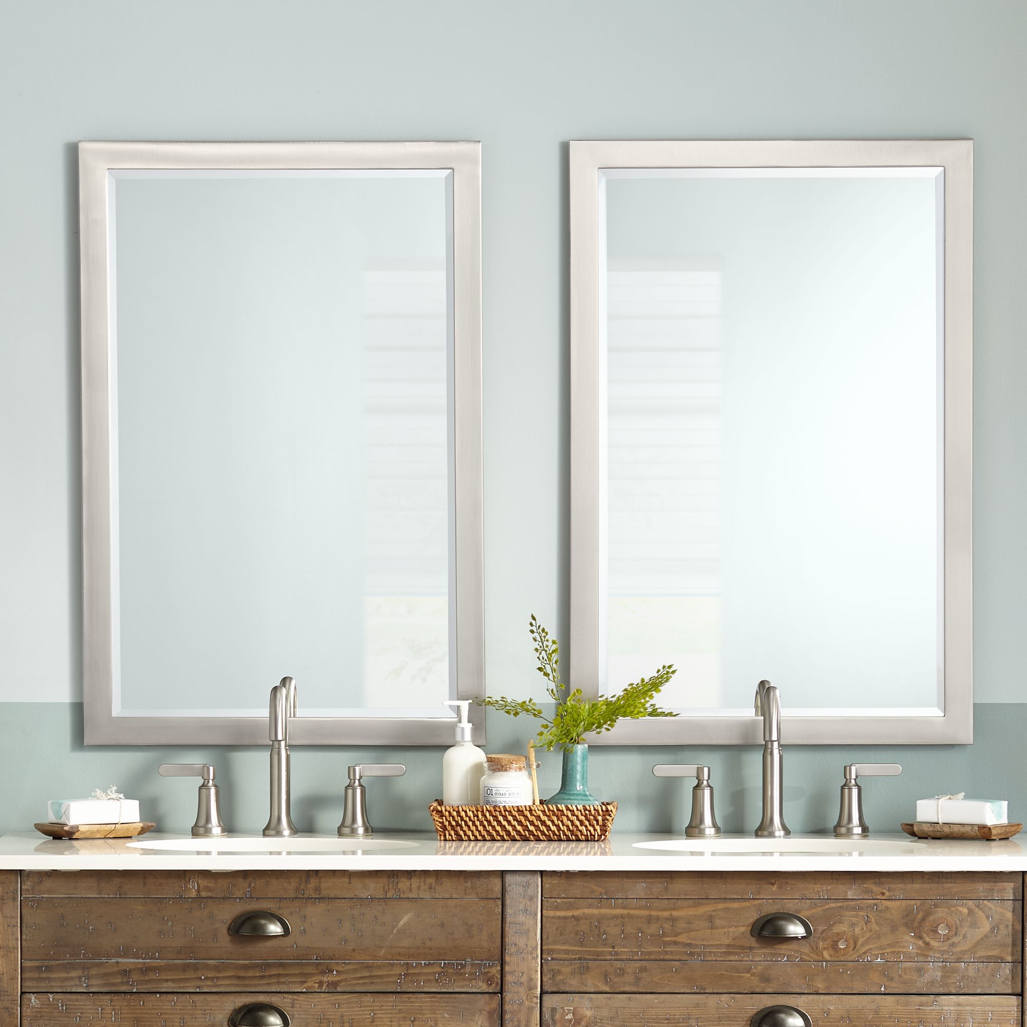 Possini Euro Metzeo 33" x 22" Brushed Nickel Wall Mirror Set of 2 in scene