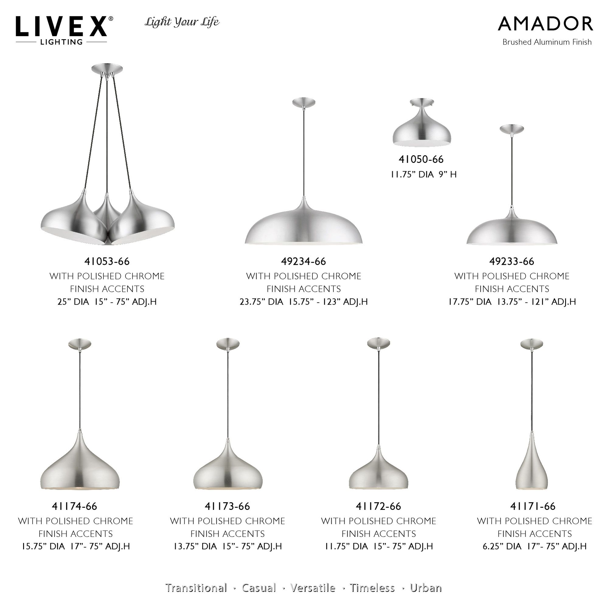 Amador 1 Light Brushed Aluminum Pendant with Polished Chrome Accents