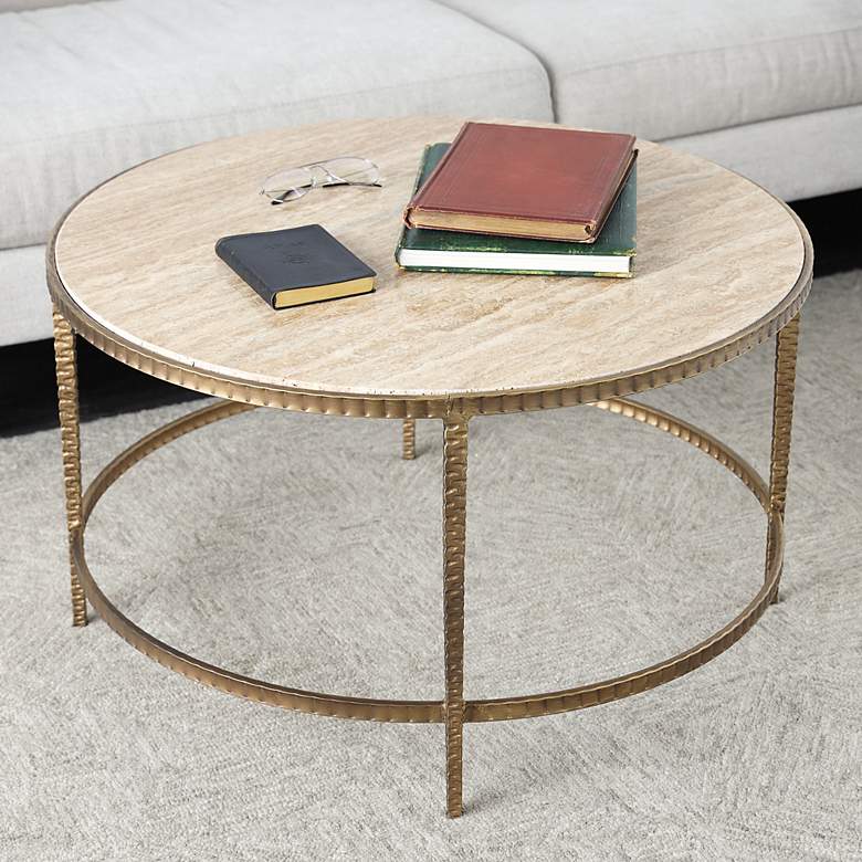 Image 1 Amalie 31 inch Wide Gold Marble Metal Round Coffee Table