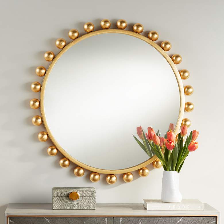 Image 1 Amalie Metallic Gold Leaf Sphere Edge 33 inch Round Wall Mirror
