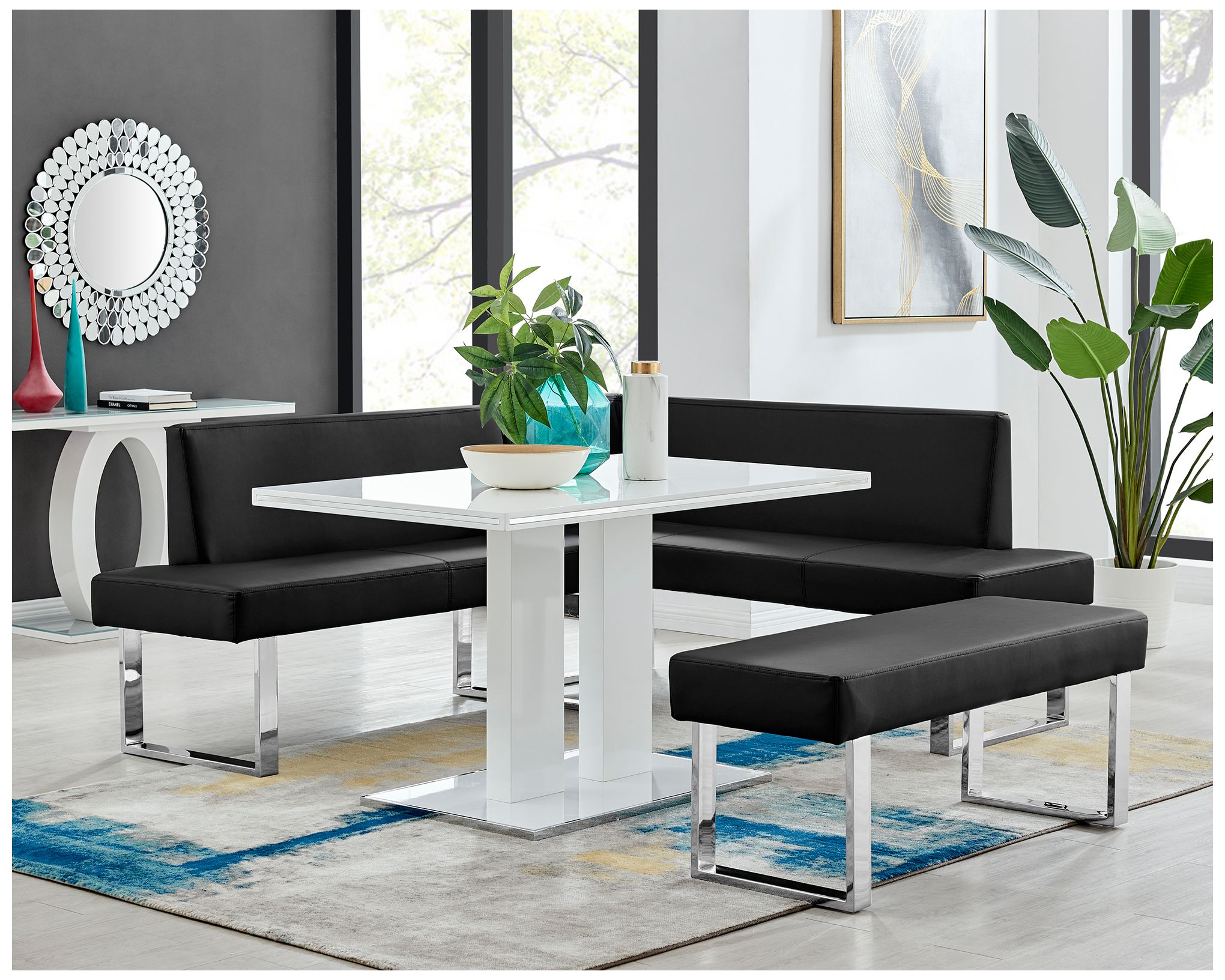 Amanda 3 Piece Rectangular Dining Set in Black Faux Leather and Metal