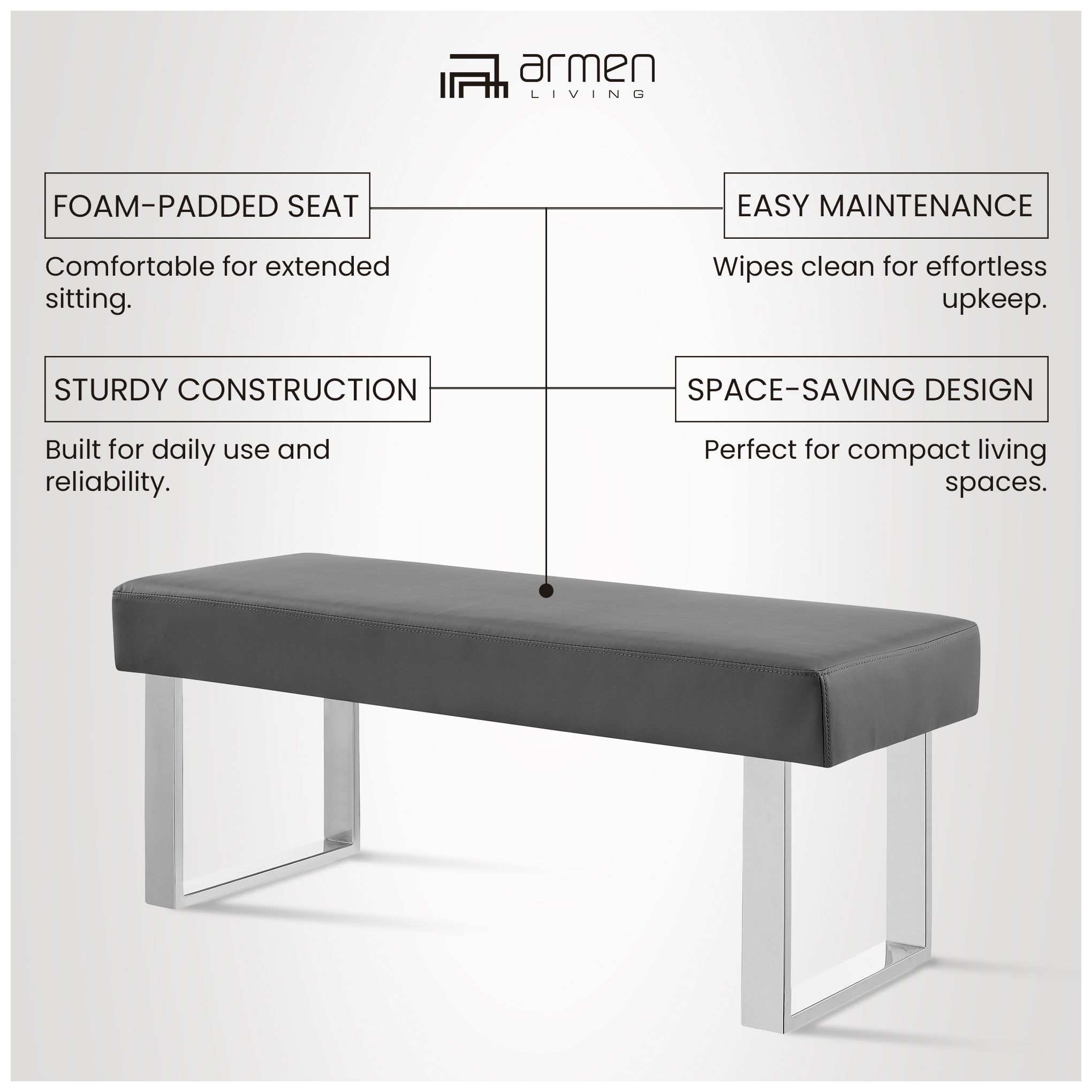 Amanda 48" Wide Gray Faux Leather Modern Banquette Dining Bench