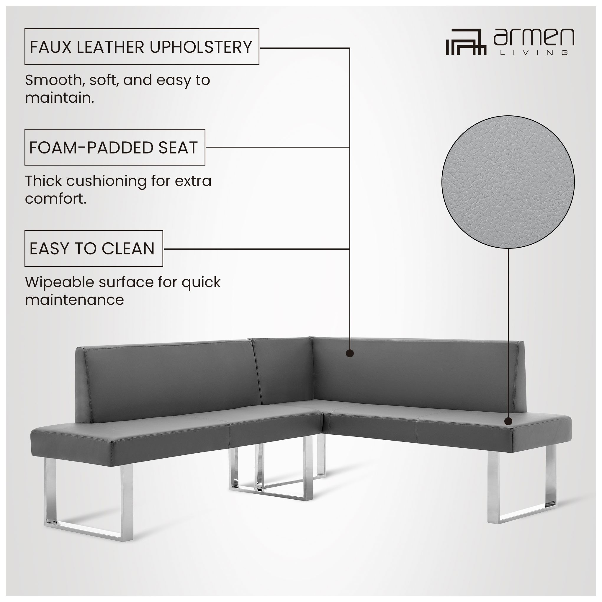 Amanda Contemporary Corner Nook in Gray Faux Leather and Chrome Finish