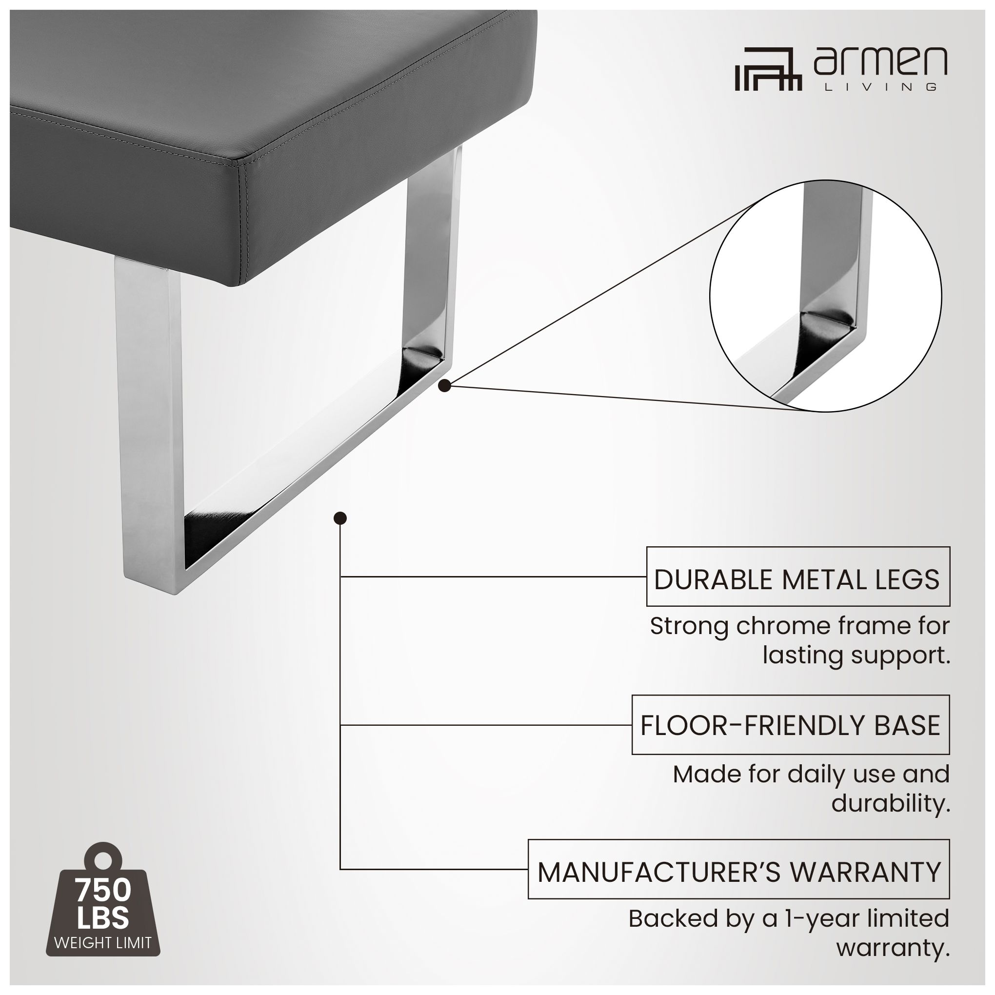 Amanda Contemporary Corner Nook in Gray Faux Leather and Chrome Finish