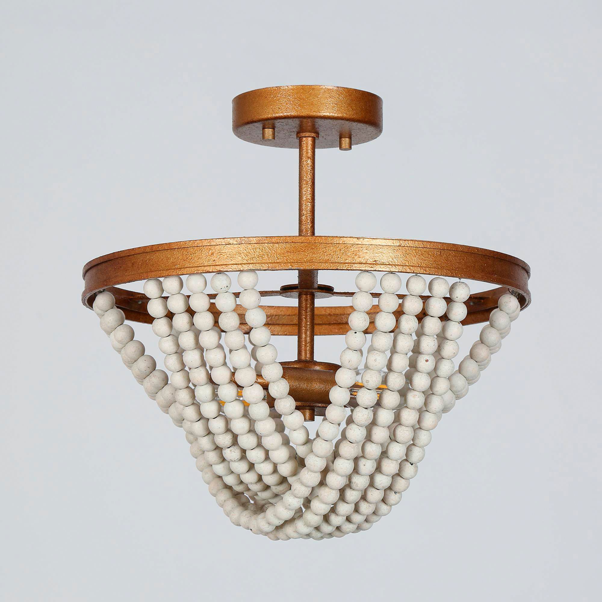 Image 3 Amara 13.8"W Brass 3-Light Drum Wood Beads Semi-flush Mount more views