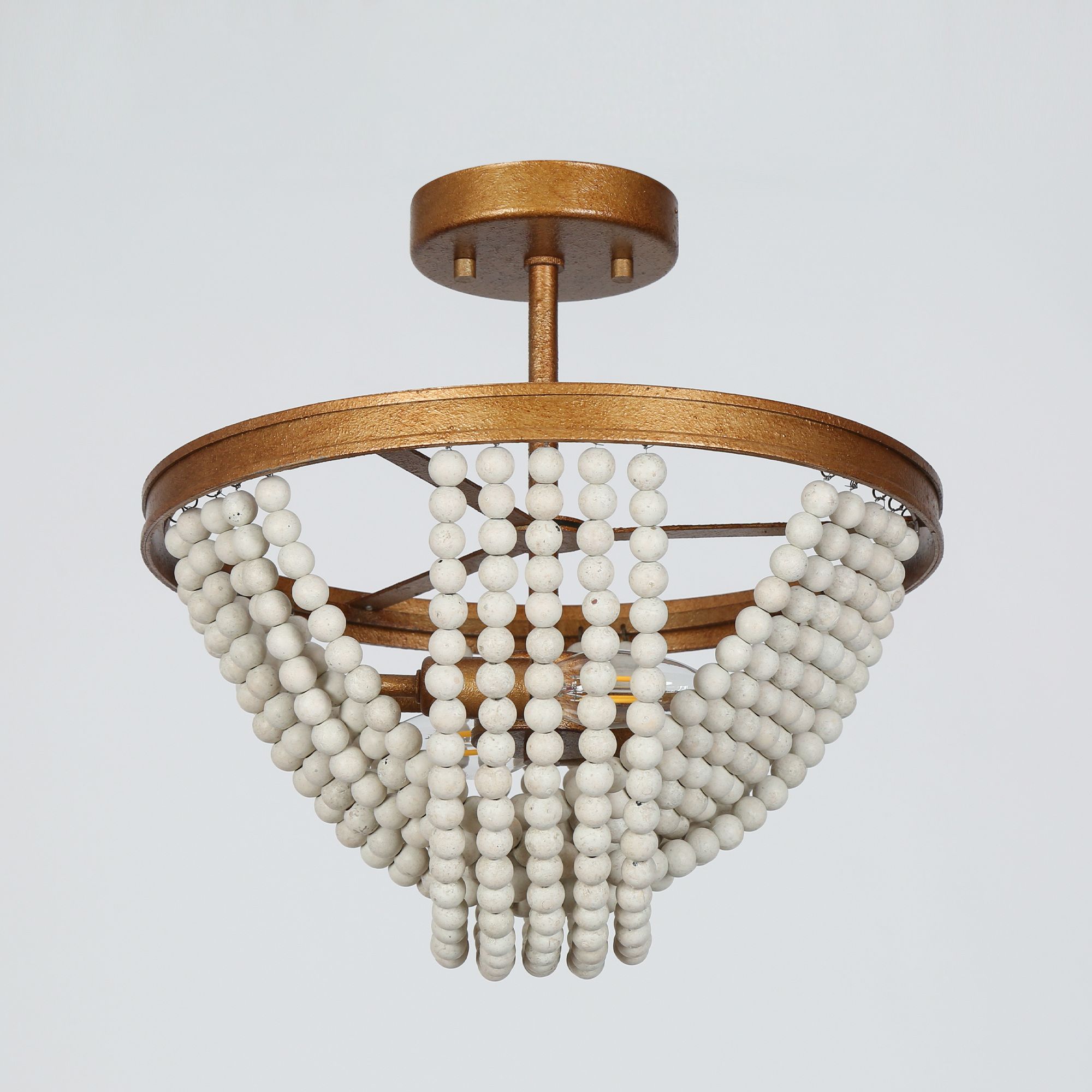 Image 4 Amara 13.8"W Brass 3-Light Drum Wood Beads Semi-flush Mount more views