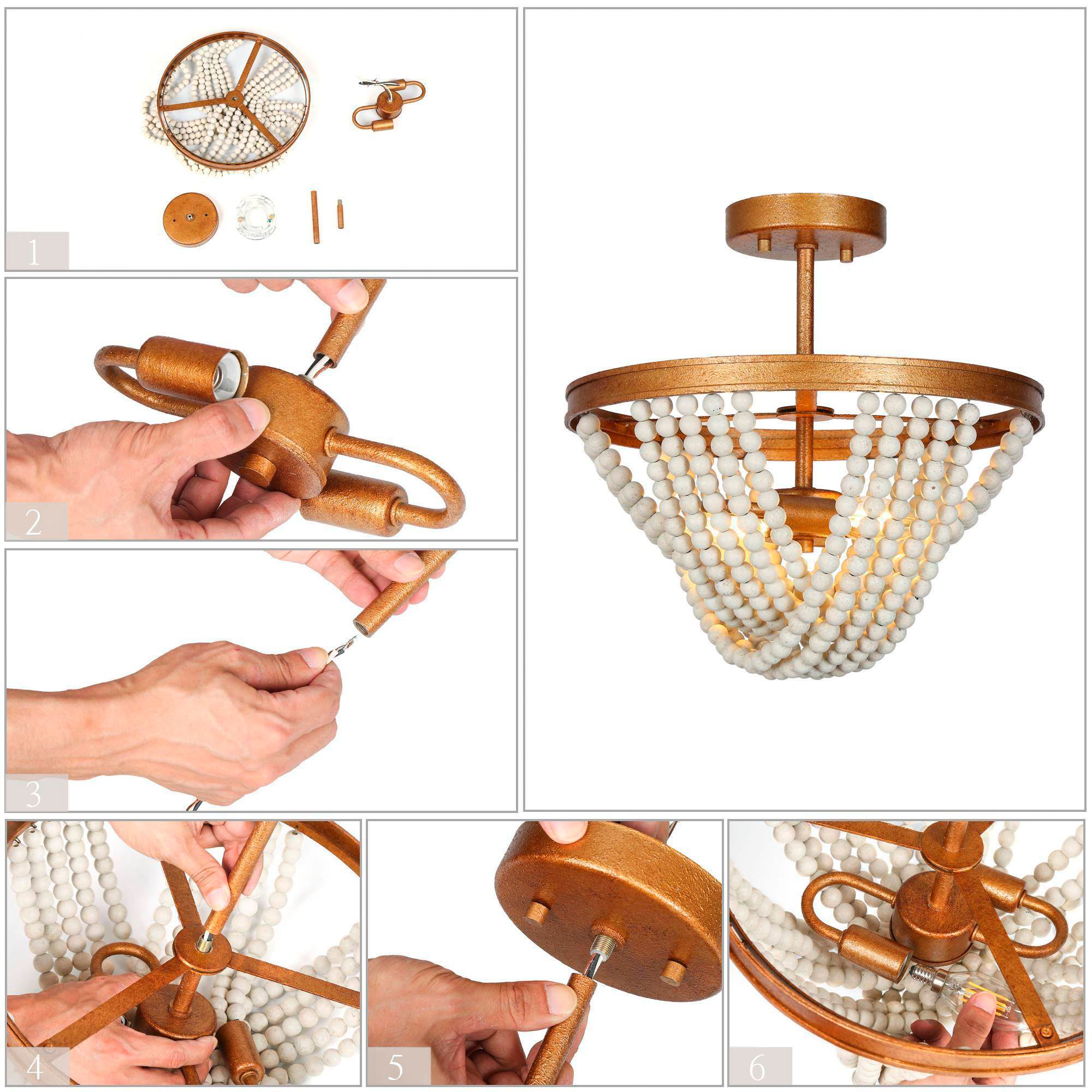 Image 7 Amara 13.8"W Brass 3-Light Drum Wood Beads Semi-flush Mount more views
