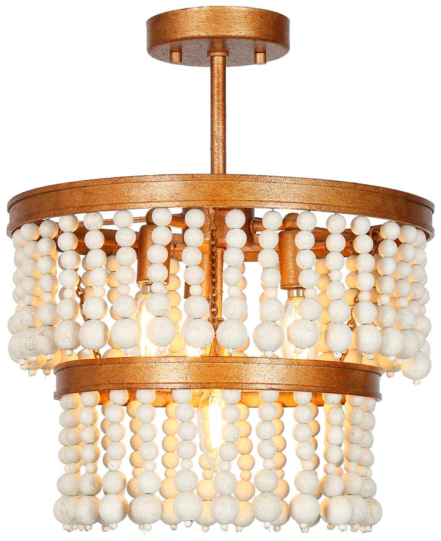 Thumbnail1 of Amara 13.8"W Brass 3-Light Drum Wood Beads Semi-flush Mount