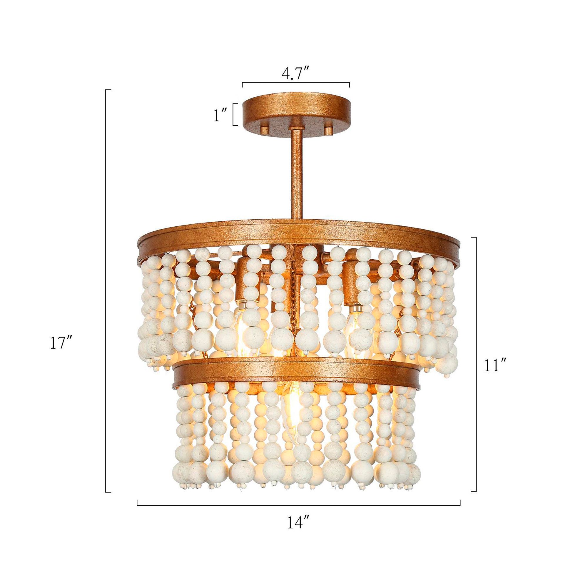 Thumbnail2 of Amara 13.8"W Brass 3-Light Drum Wood Beads Semi-flush Mount more views