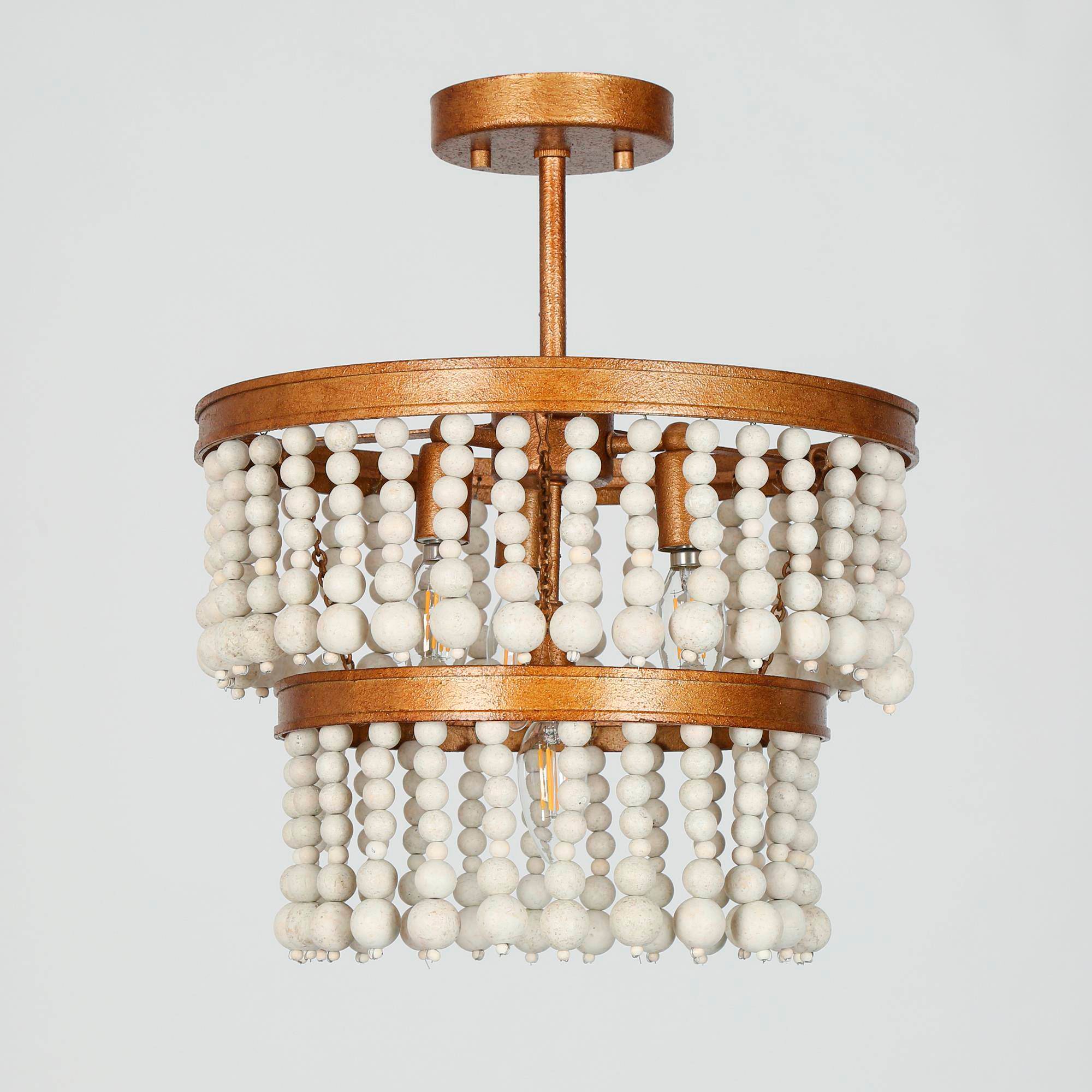 Thumbnail4 of Amara 13.8"W Brass 3-Light Drum Wood Beads Semi-flush Mount more views