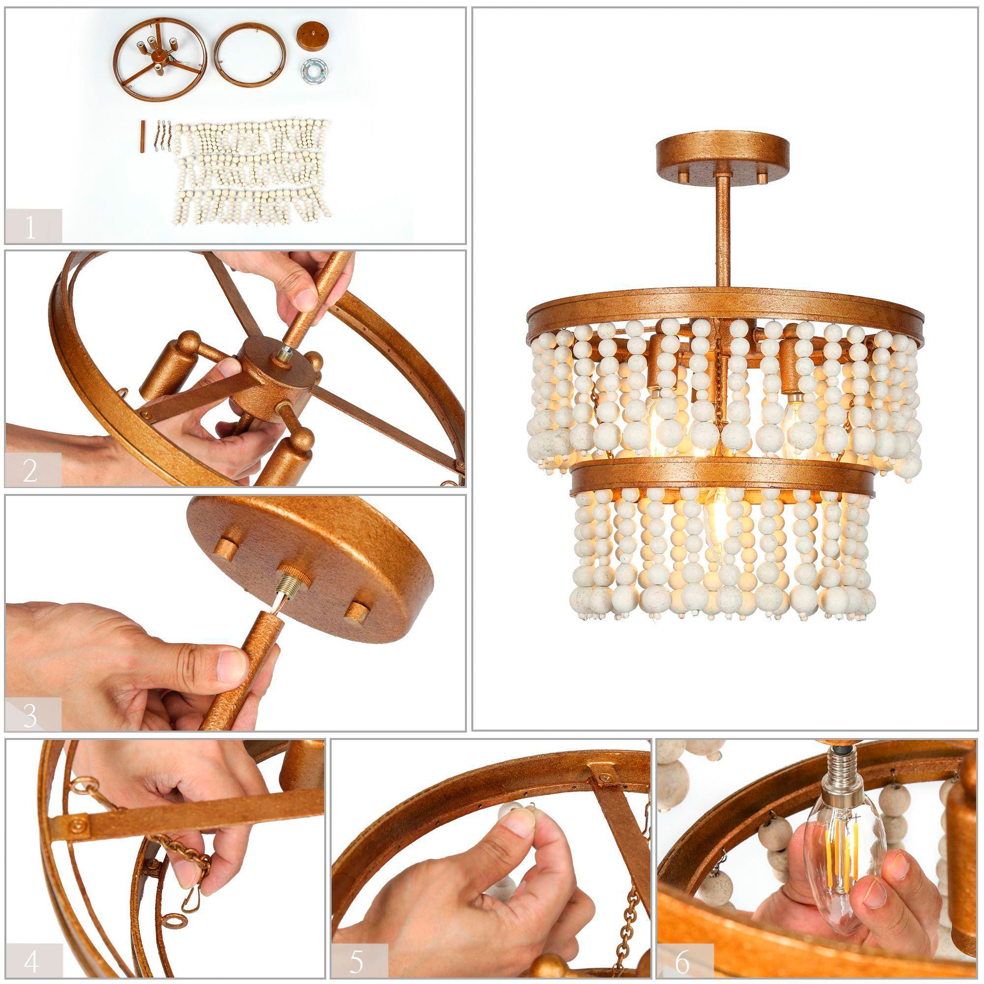 Amara 13.8"W Brass 3-Light Drum Wood Beads Semi-flush Mount
