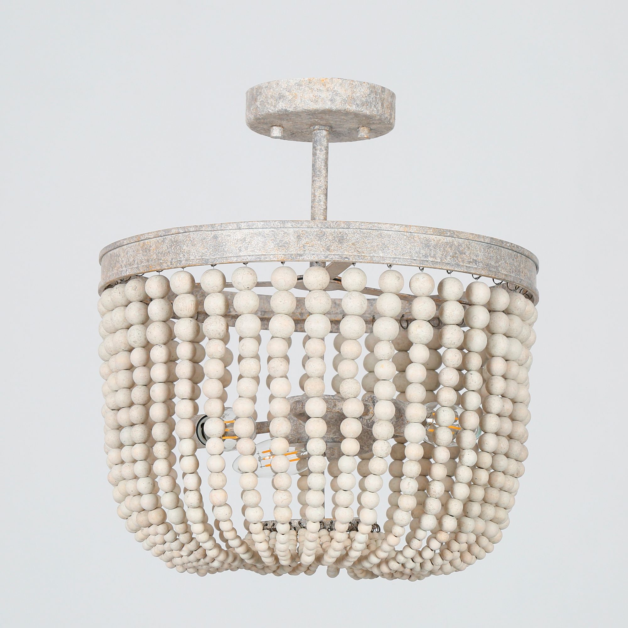 Thumbnail3 of Amara 13.8"W White 3-Light Drum Wood Beads Semi-flush Mount more views