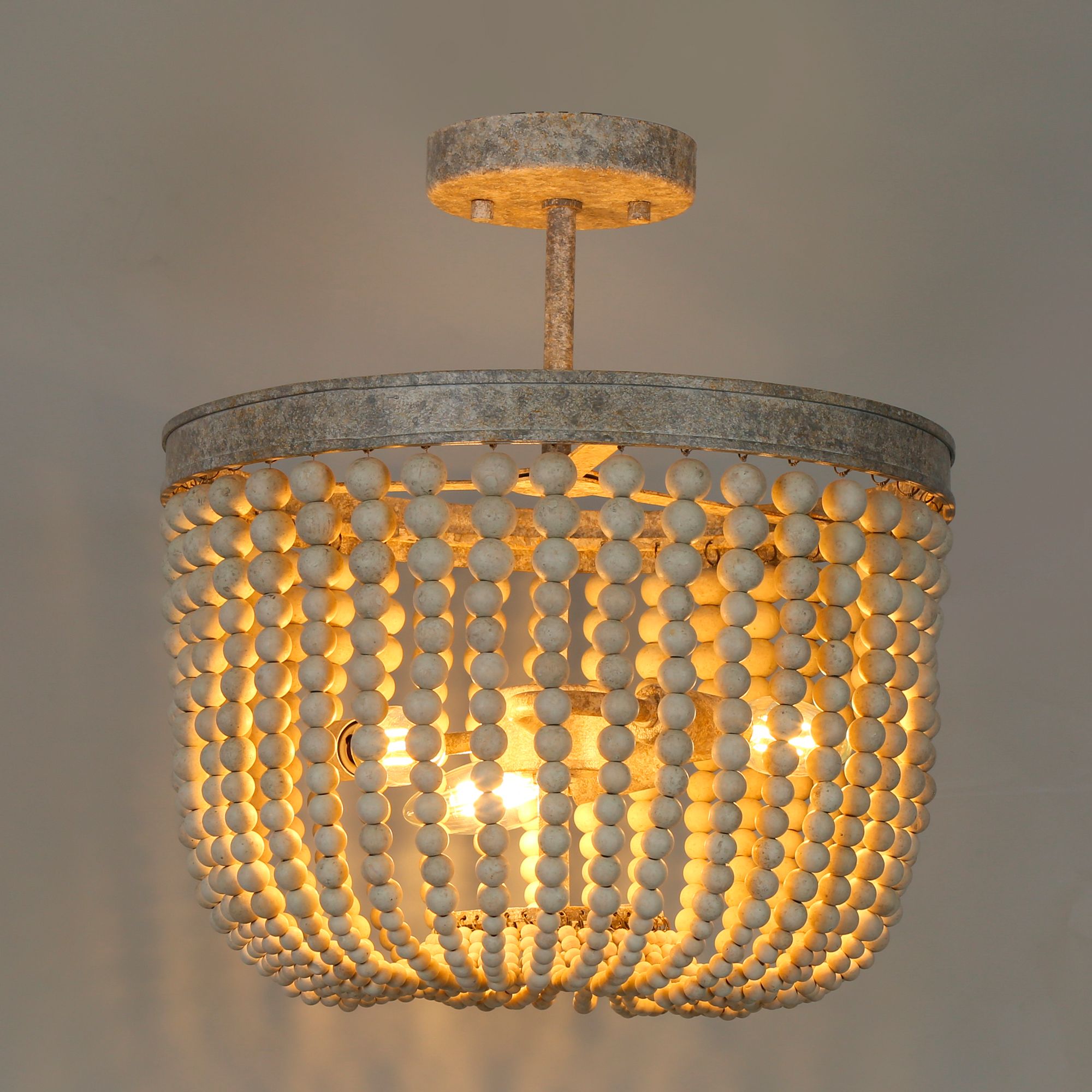 Amara 13.8"W White 3-Light Drum Wood Beads Semi-flush Mount