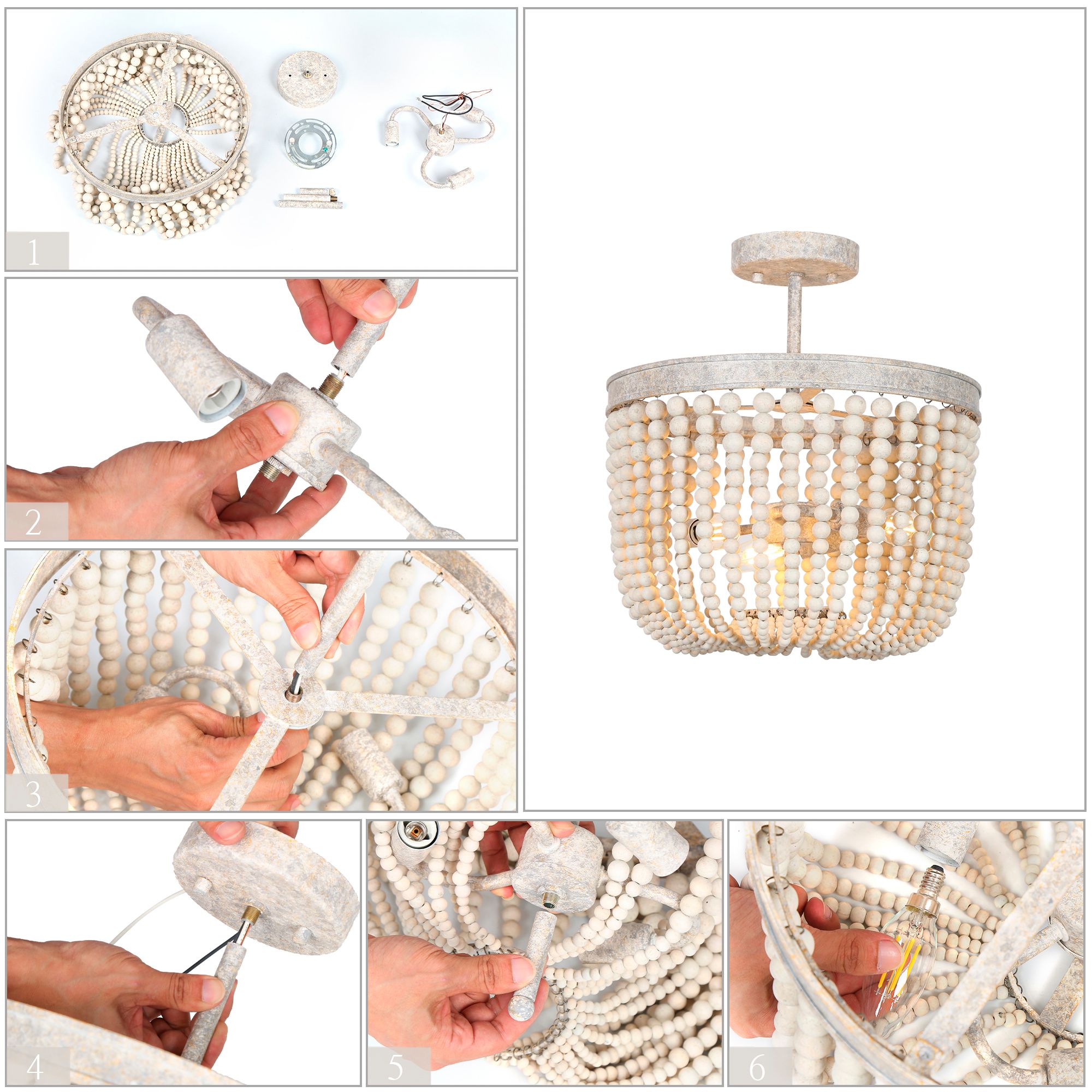 Amara 13.8"W White 3-Light Drum Wood Beads Semi-flush Mount