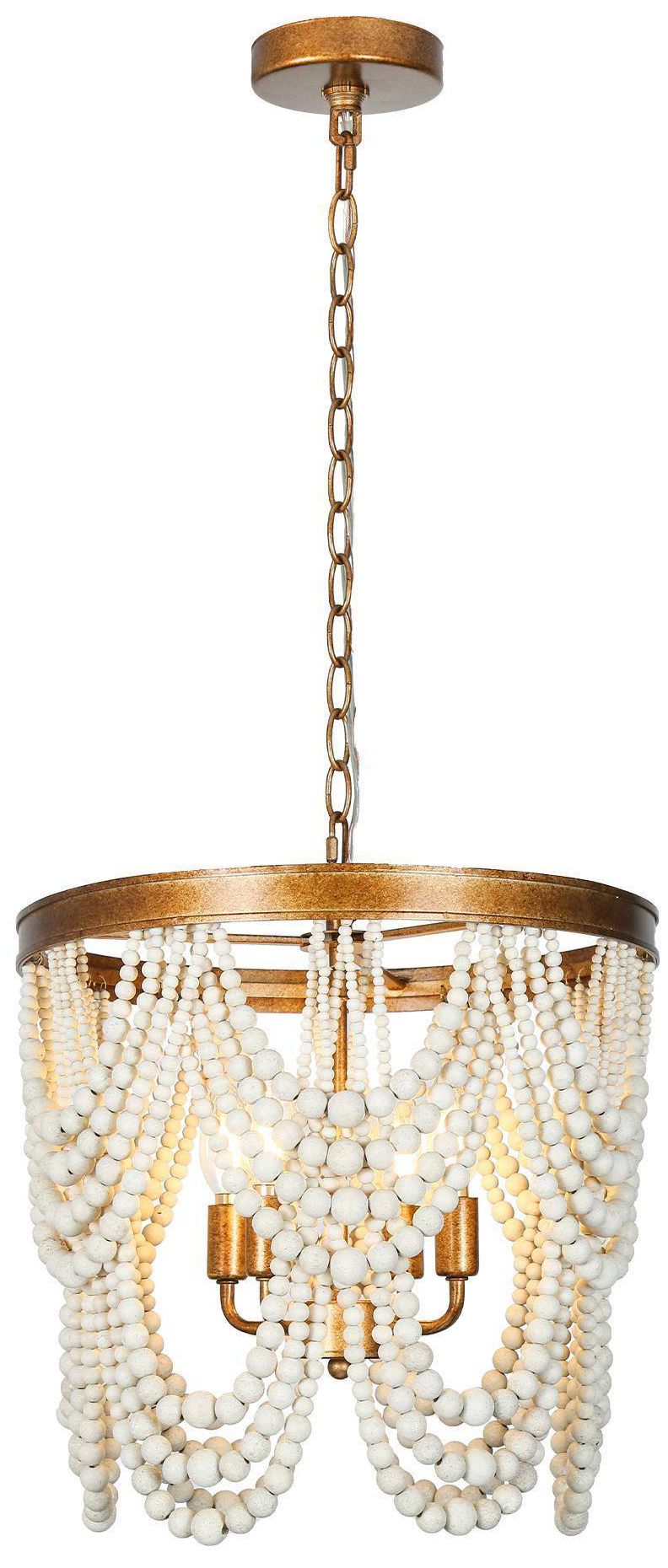 Amara 15"W Distressed Brass 4-Light Drum White Beaded Pendant