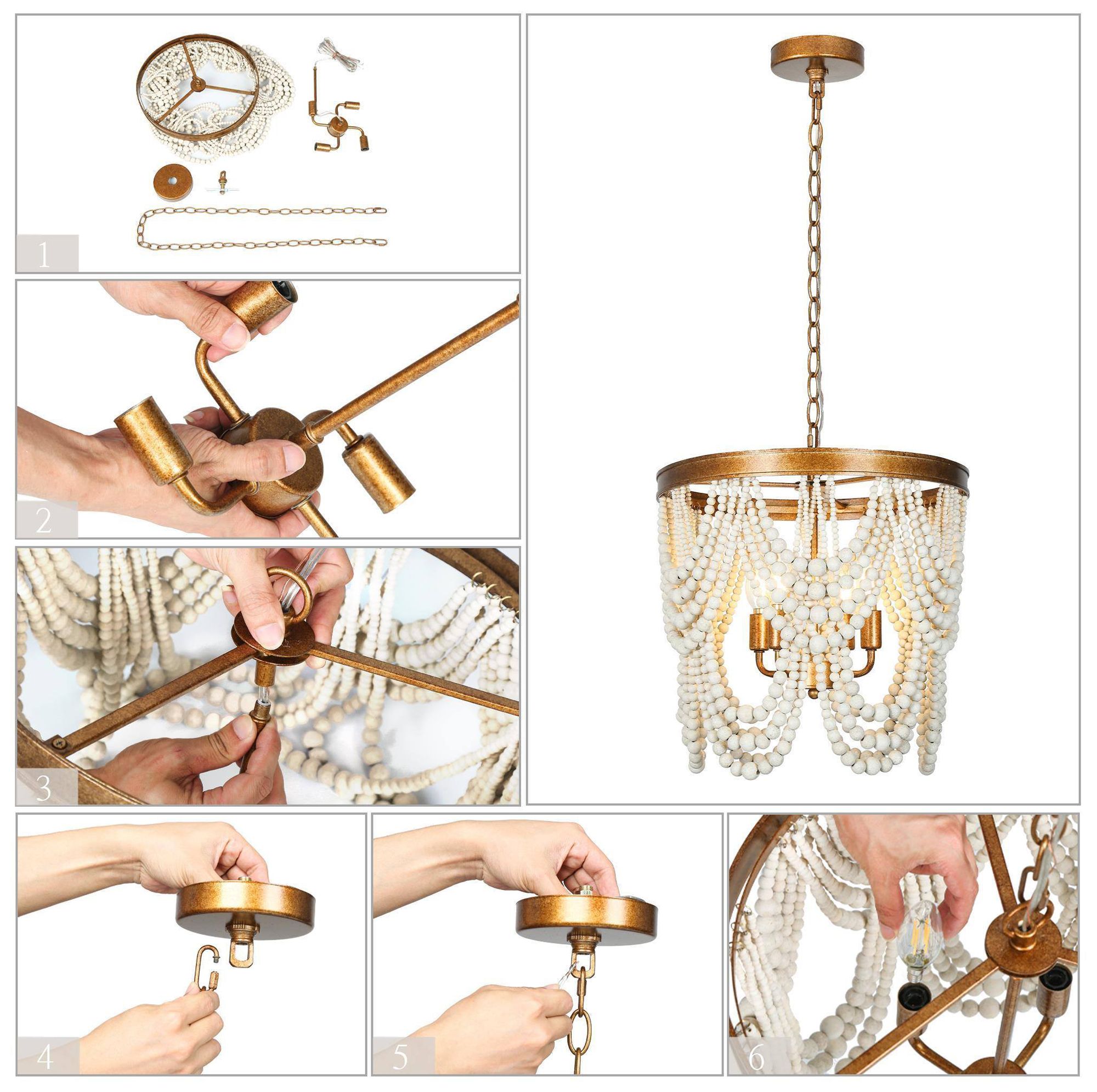 Image 7 Amara 15"W Distressed Brass 4-Light Drum White Beaded Pendant more views