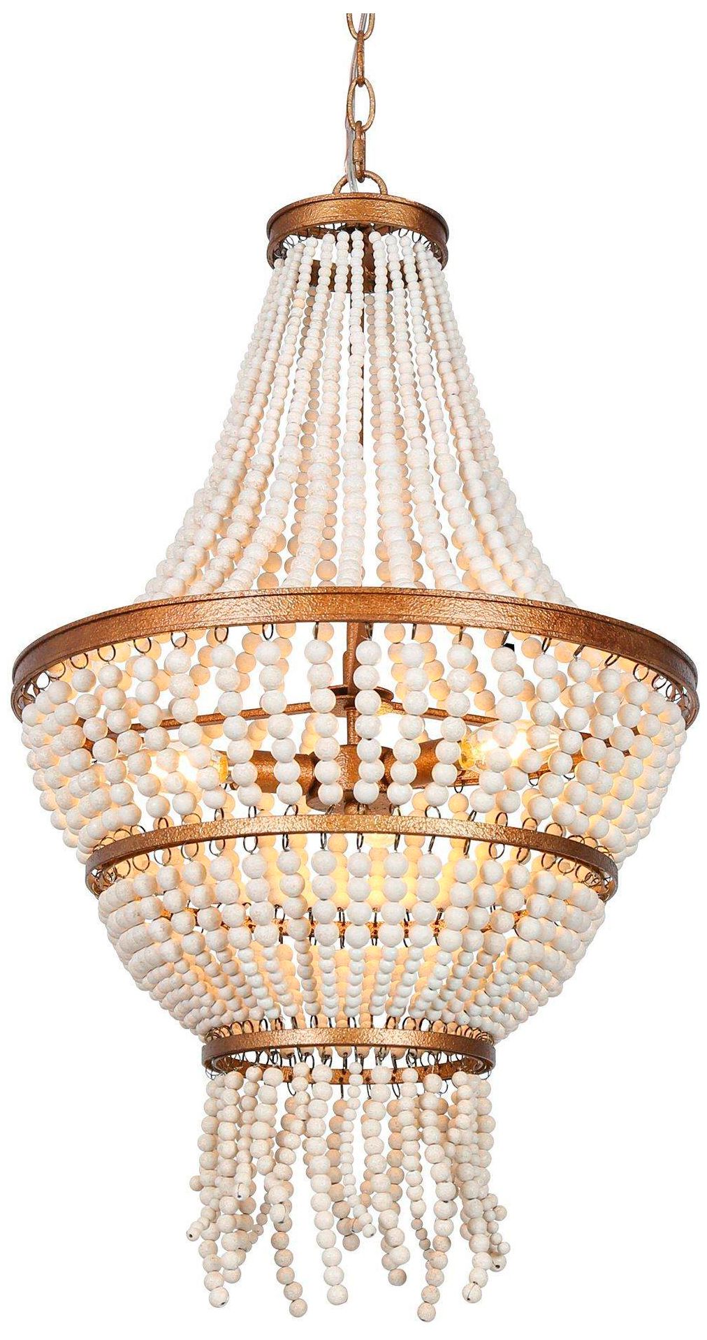 Thumbnail1 of Amara 16.9"W Brass 3-Light Drum White Wood Beaded Chandelier