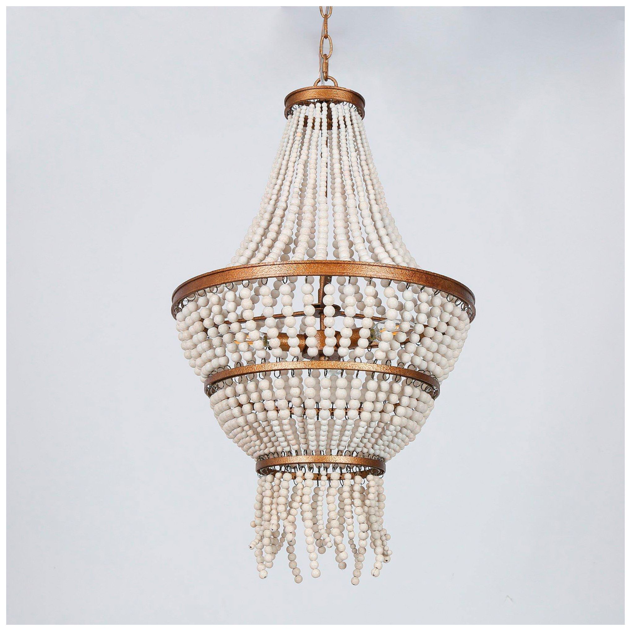 Thumbnail2 of Amara 16.9"W Brass 3-Light Drum White Wood Beaded Chandelier more views
